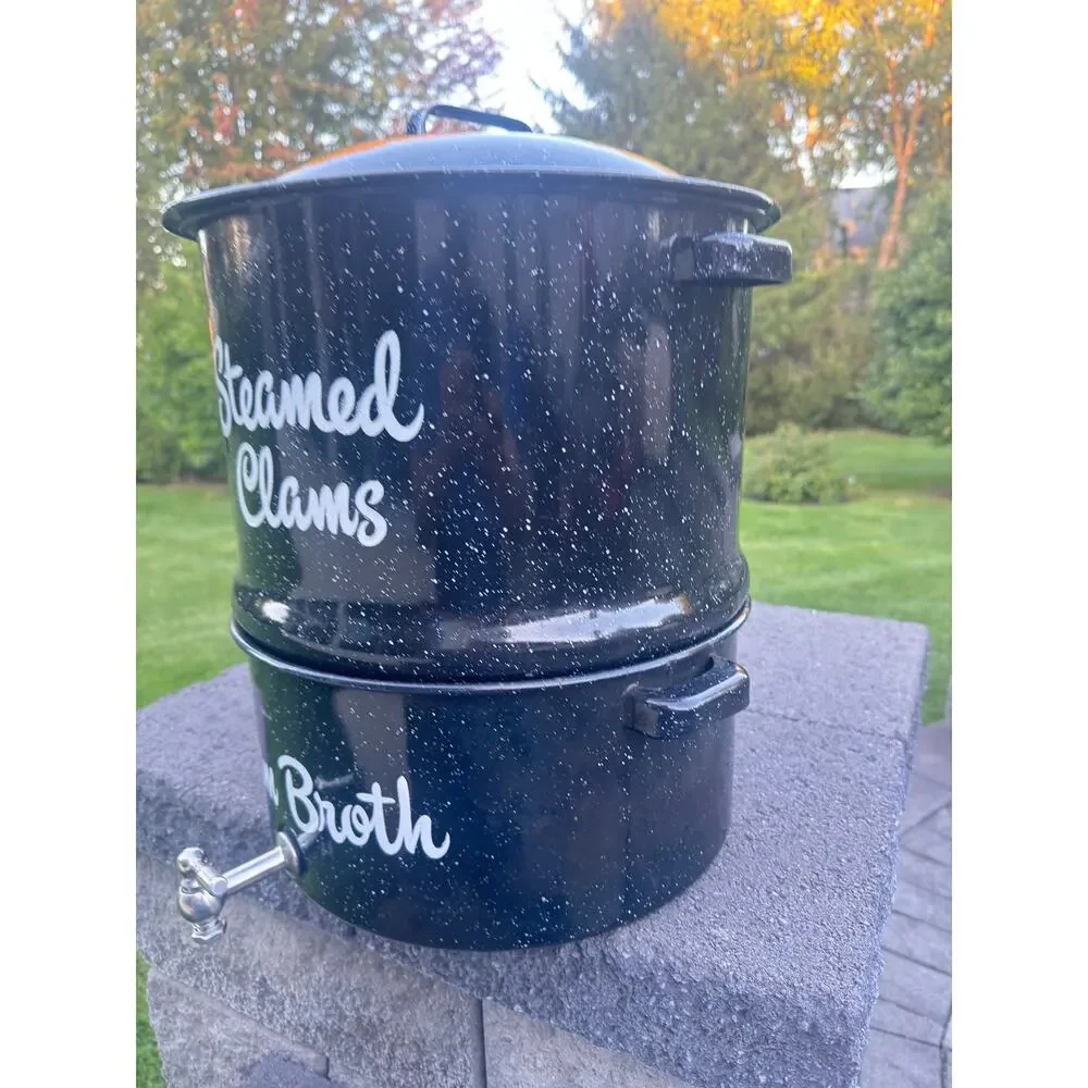 Speckled Enamel Black Double Steam Pot 16” Lobster Clam Broth Spigot - 3 Pc Set